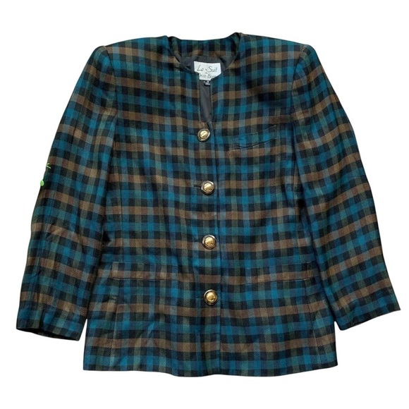 Vtg Le Suit Dress Barn Plaid Gingham Buttoned Blazer Jacket Blue Brown Size 10 - Picture 1 of 6